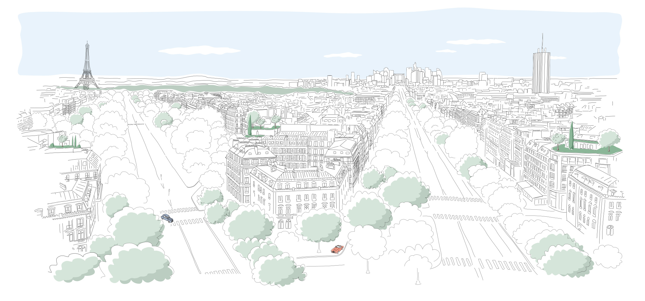 Illustration panoramique de Paris avec la tour Eiffel et les Champs-Élysées, sur le site de MONOPOLE immobilier.